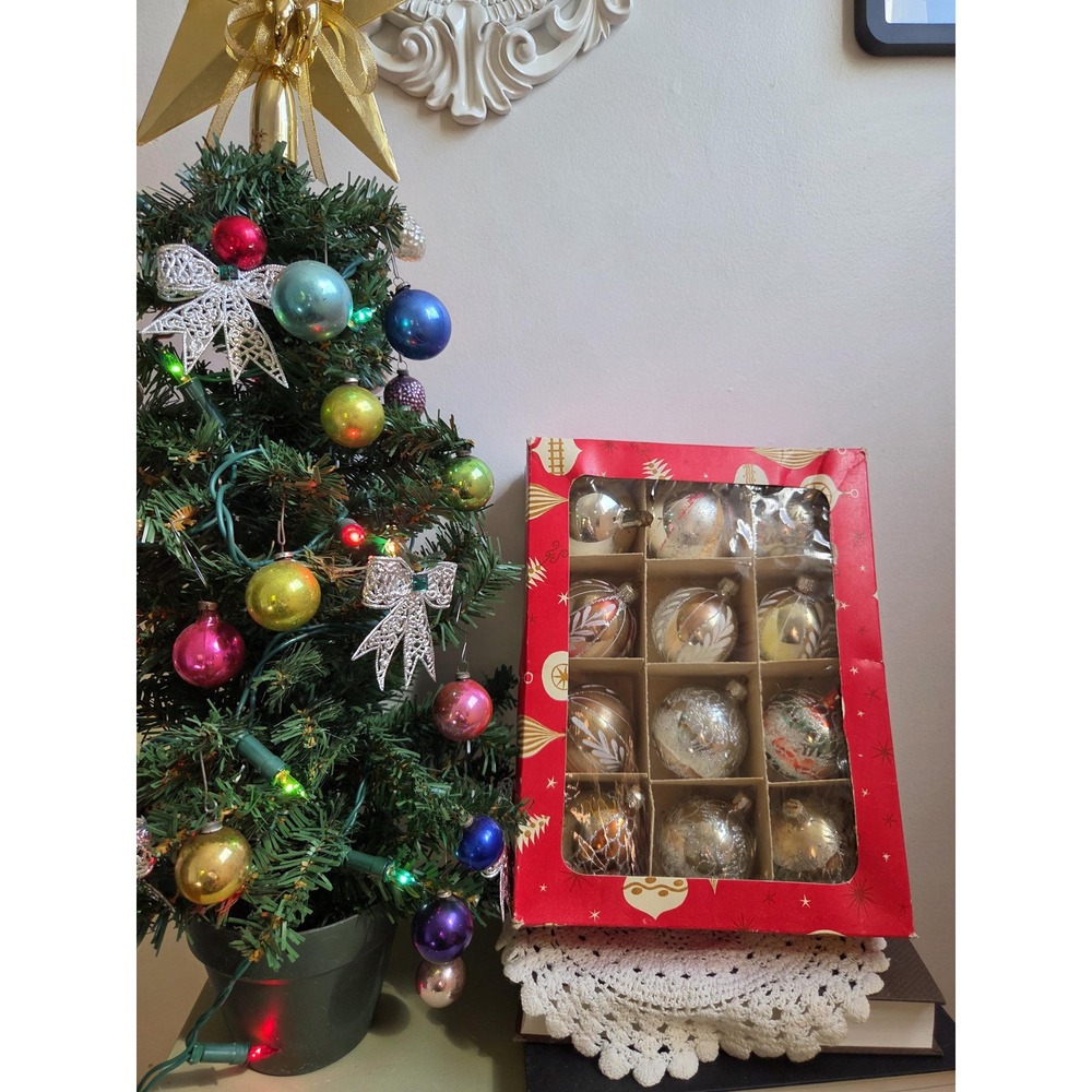 Vintage Glass Christmas Ornaments Set of 12 Glitter Mica Retro Decor